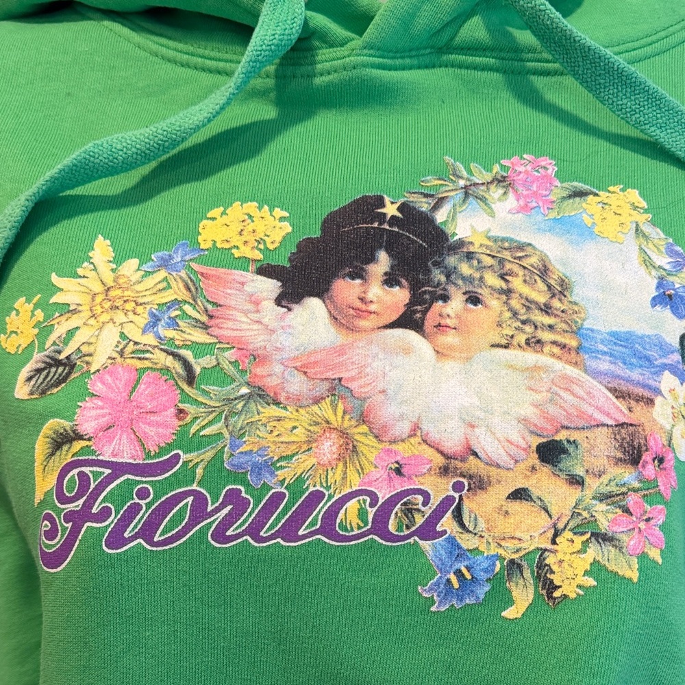 Fiorucci Bright Green Cropped Hoodie with Angel Floral Graphic M - Picture 2 of 5